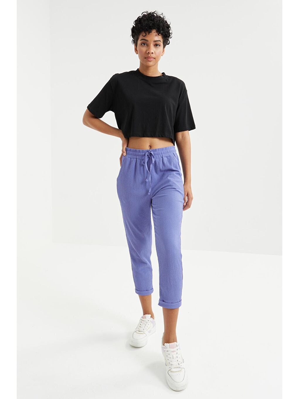 Mor Eflatun Bel Büzgülü Bağcıklı Bürümcük Kumaş Kadın Eşofman Alt - 94621-2