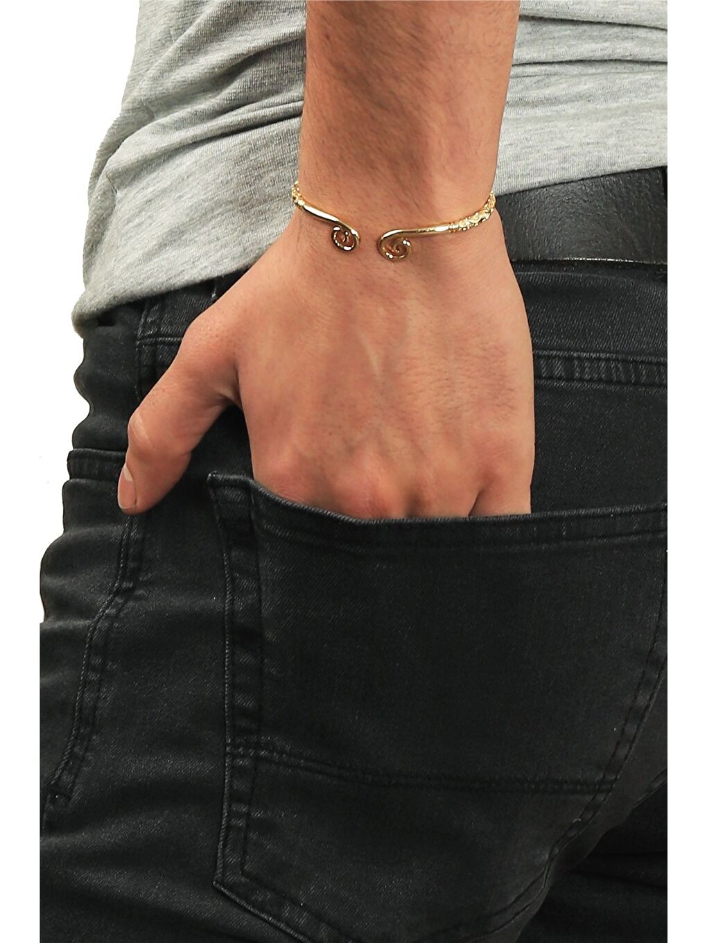 Sarı Erkek Lak Siyah Renk Kaplama Ayarlanabilir Açık Band Spiral Formlu Bileklik-2