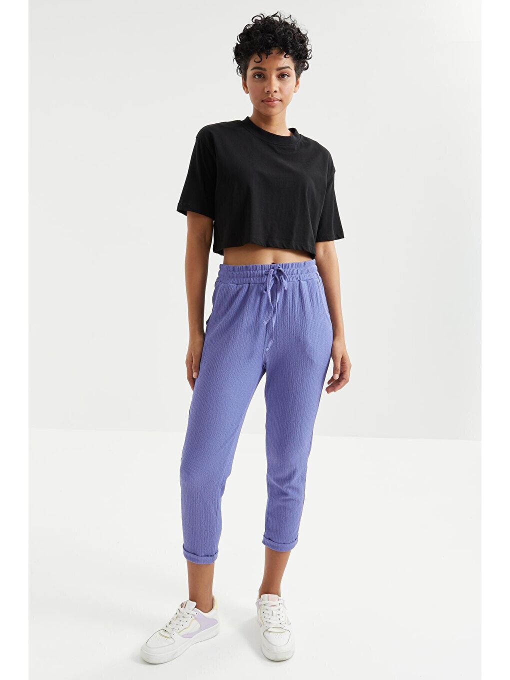 Mor Eflatun Bel Büzgülü Bağcıklı Bürümcük Kumaş Kadın Eşofman Alt - 94621-4