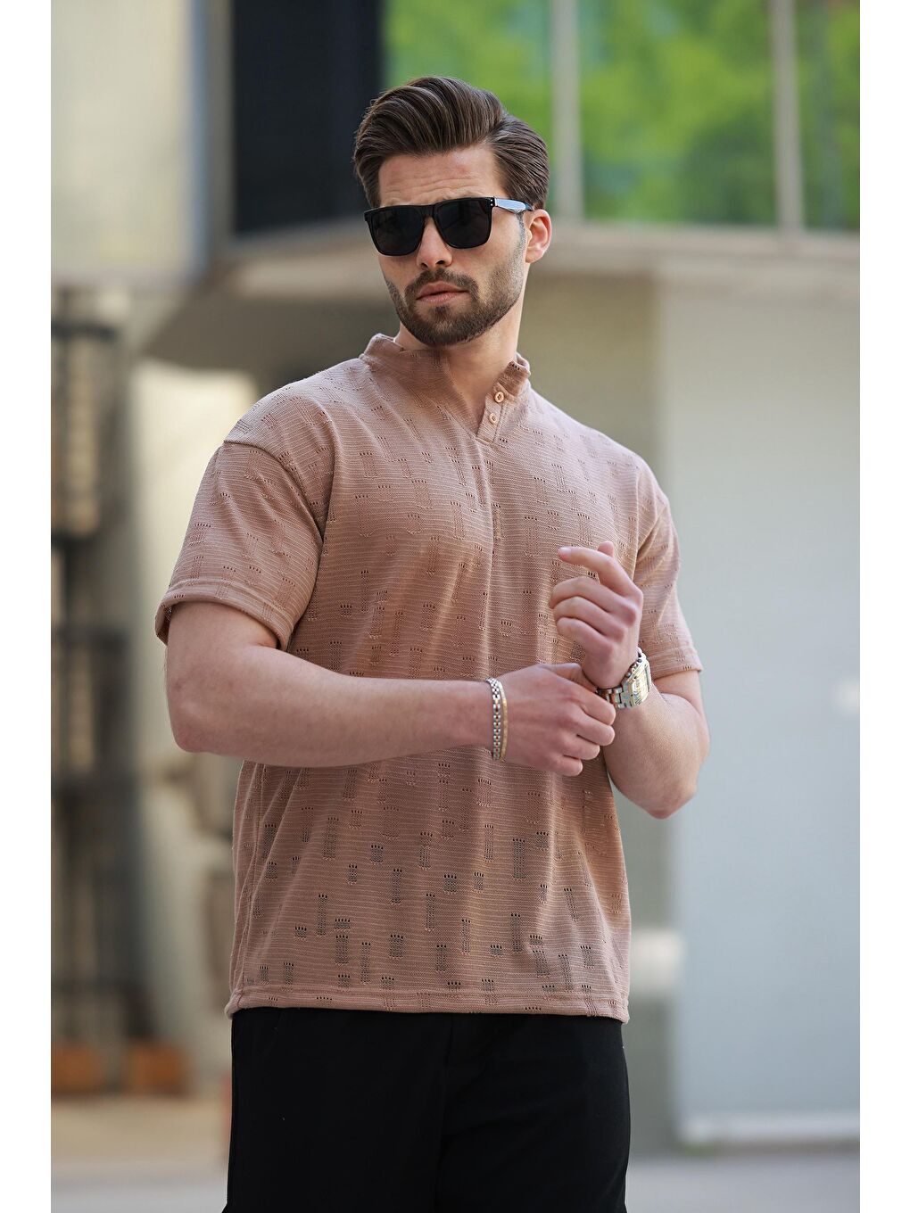 Kahverengi Hakim Yaka Erkek Basic Tişört E7148-1