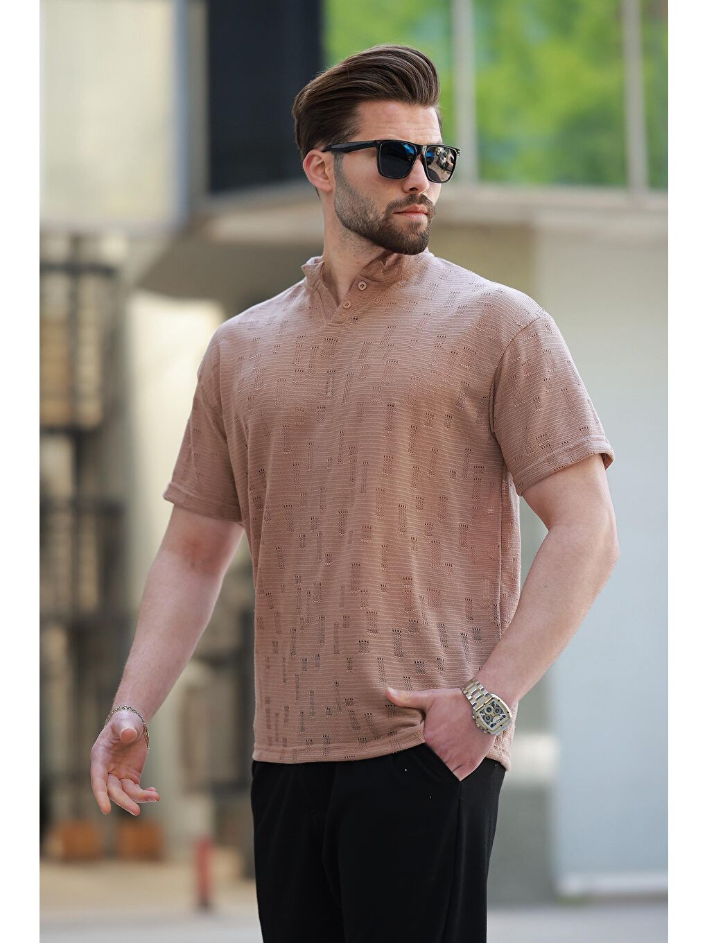 Kahverengi Hakim Yaka Erkek Basic Tişört E7148-2