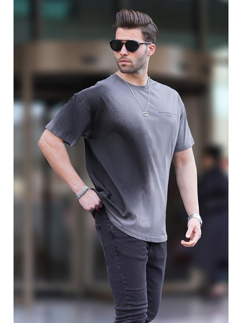Gri Füme Baskılı Bisiklet Yaka Erkek %100 Pamuk Tişört 7028