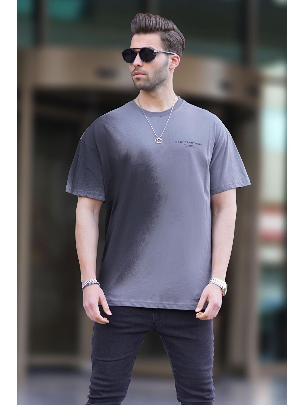 Gri Füme Baskılı Bisiklet Yaka Erkek %100 Pamuk Tişört 7028-1