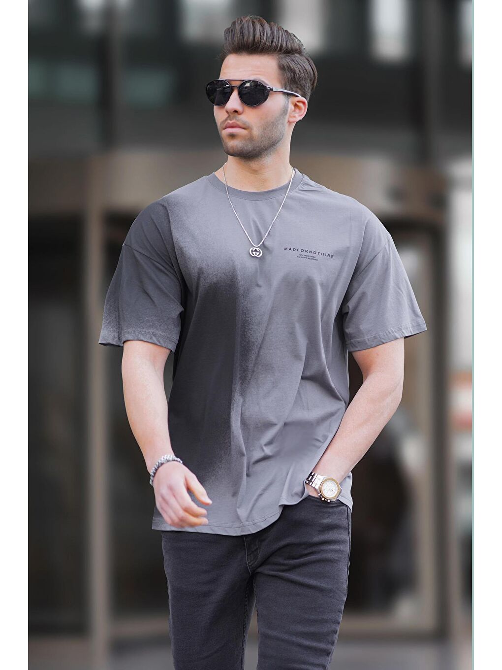 Gri Füme Baskılı Bisiklet Yaka Erkek %100 Pamuk Tişört 7028-2