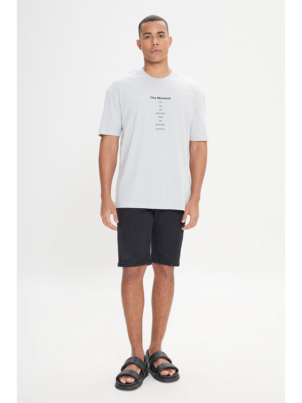 Gri Erkek BULUT GRI Oversize %100 Pamuk Bol Kesim Bisiklet Yaka Baskılı Tişört-1