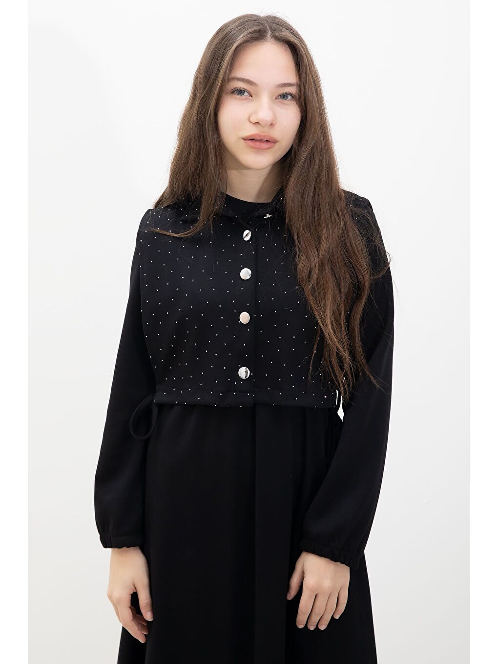 Siyah Taşlı Bağlamalı Yelekli Kız Çocuk Uzun Kol Elbise Takımı 23637-1