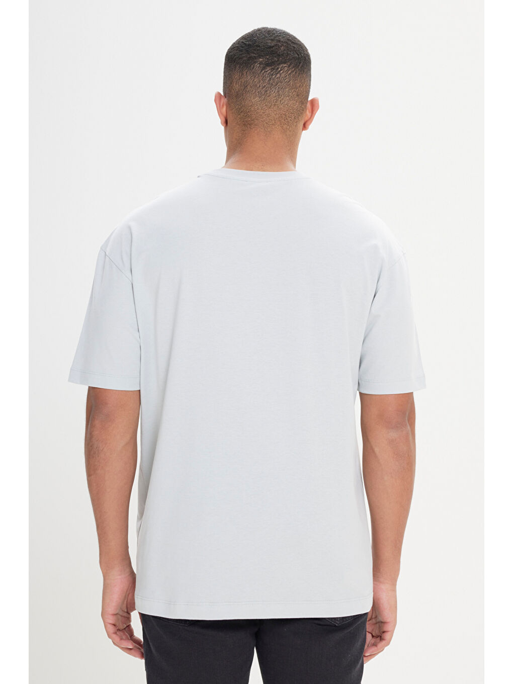 Gri Erkek BULUT GRI Oversize %100 Pamuk Bol Kesim Bisiklet Yaka Baskılı Tişört-3