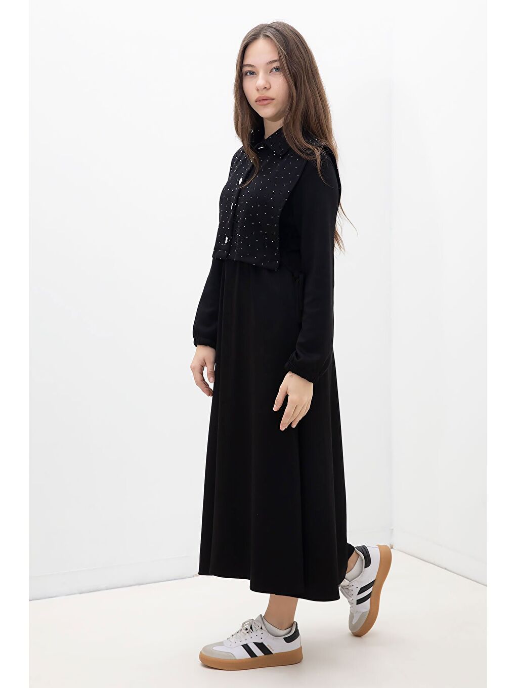 Siyah Taşlı Bağlamalı Yelekli Kız Çocuk Uzun Kol Elbise Takımı 23637-2