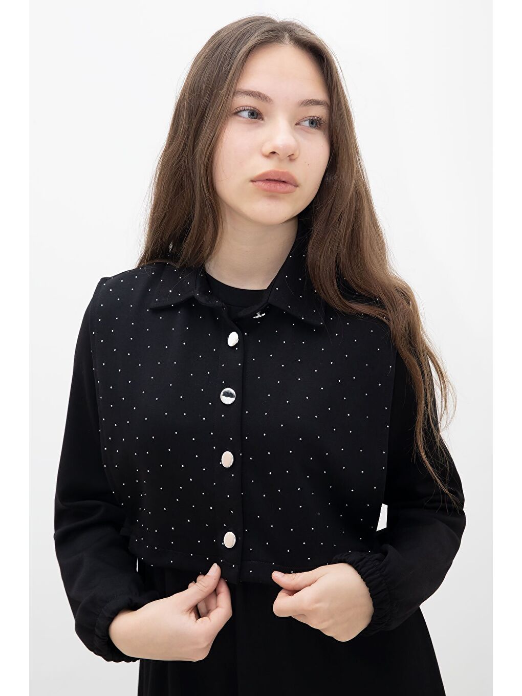 Siyah Taşlı Bağlamalı Yelekli Kız Çocuk Uzun Kol Elbise Takımı 23637-4