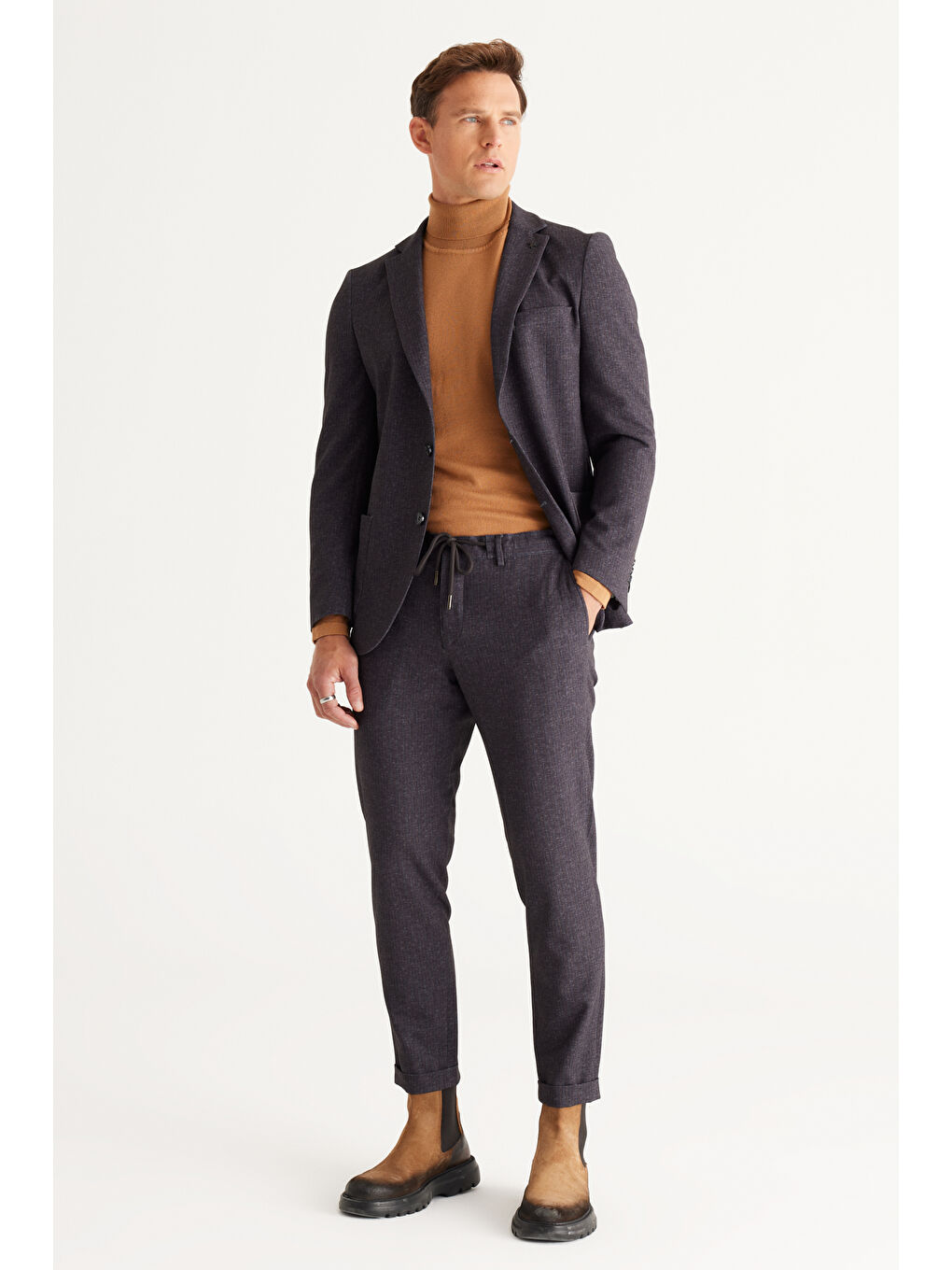 Erkek Antrasit-Kahverengi Slim Fit Dar Kesim Mono Yaka Çizgili Takım Elbise-1