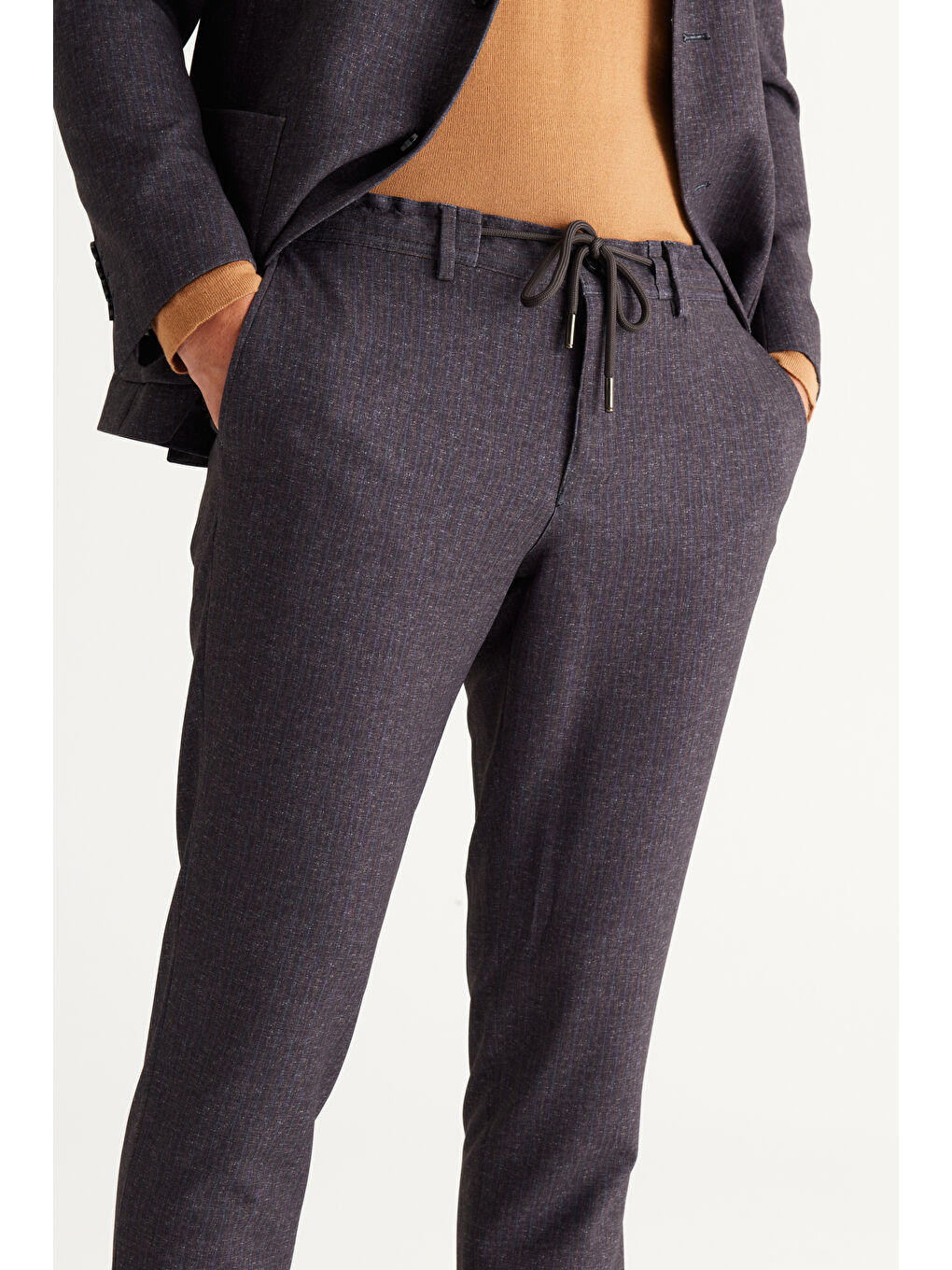 Erkek Antrasit-Kahverengi Slim Fit Dar Kesim Mono Yaka Çizgili Takım Elbise-3