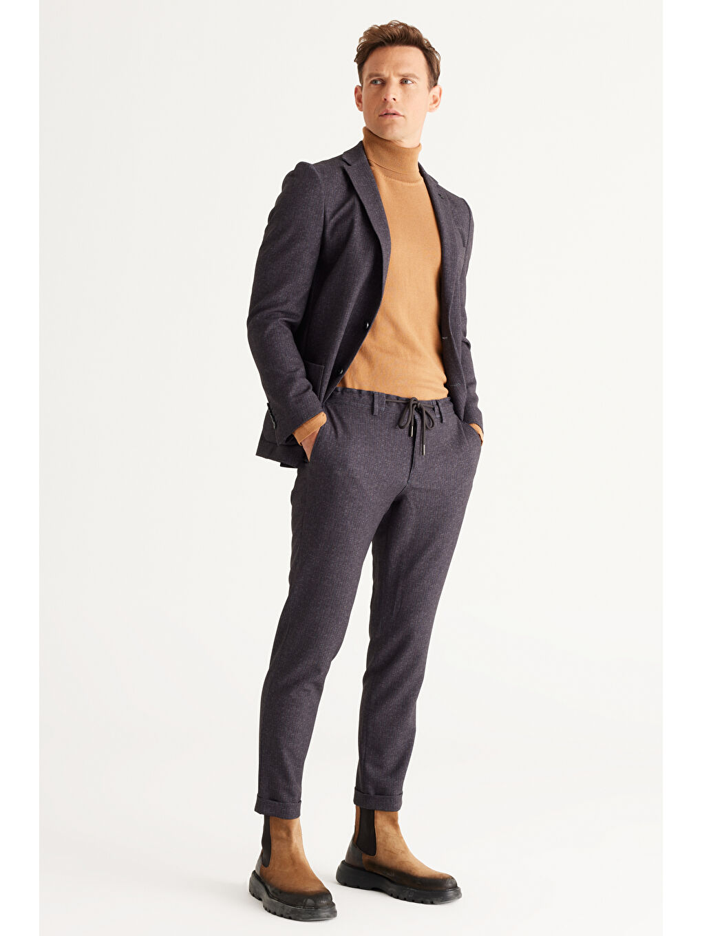 Erkek Antrasit-Kahverengi Slim Fit Dar Kesim Mono Yaka Çizgili Takım Elbise-4