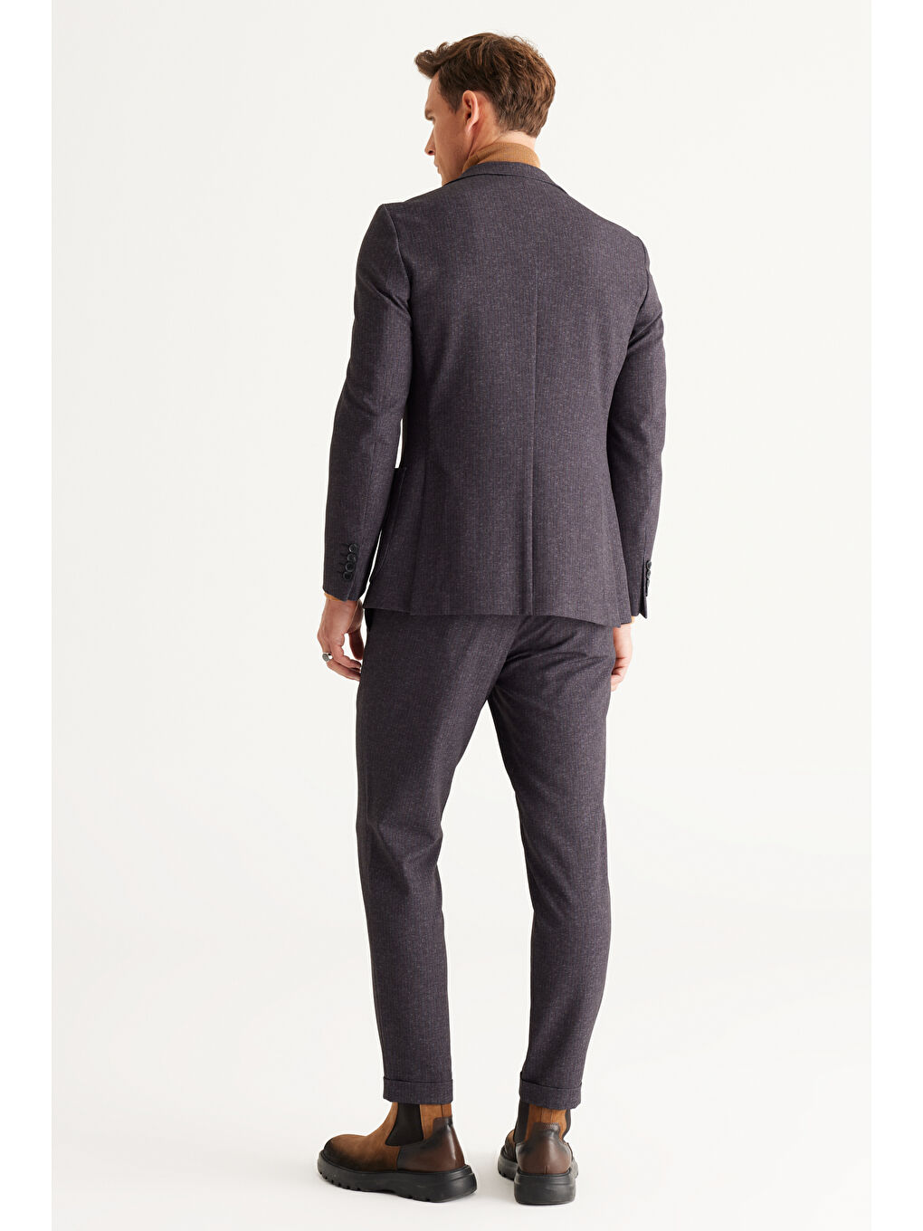 Erkek Antrasit-Kahverengi Slim Fit Dar Kesim Mono Yaka Çizgili Takım Elbise-5