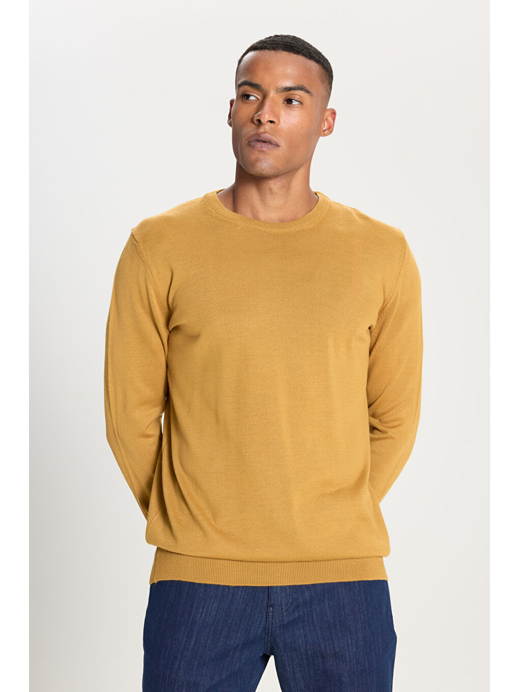 Sarı Erkek SAFRAN Standart Fit Normal Kesim Bisiklet Yaka Triko Kazak