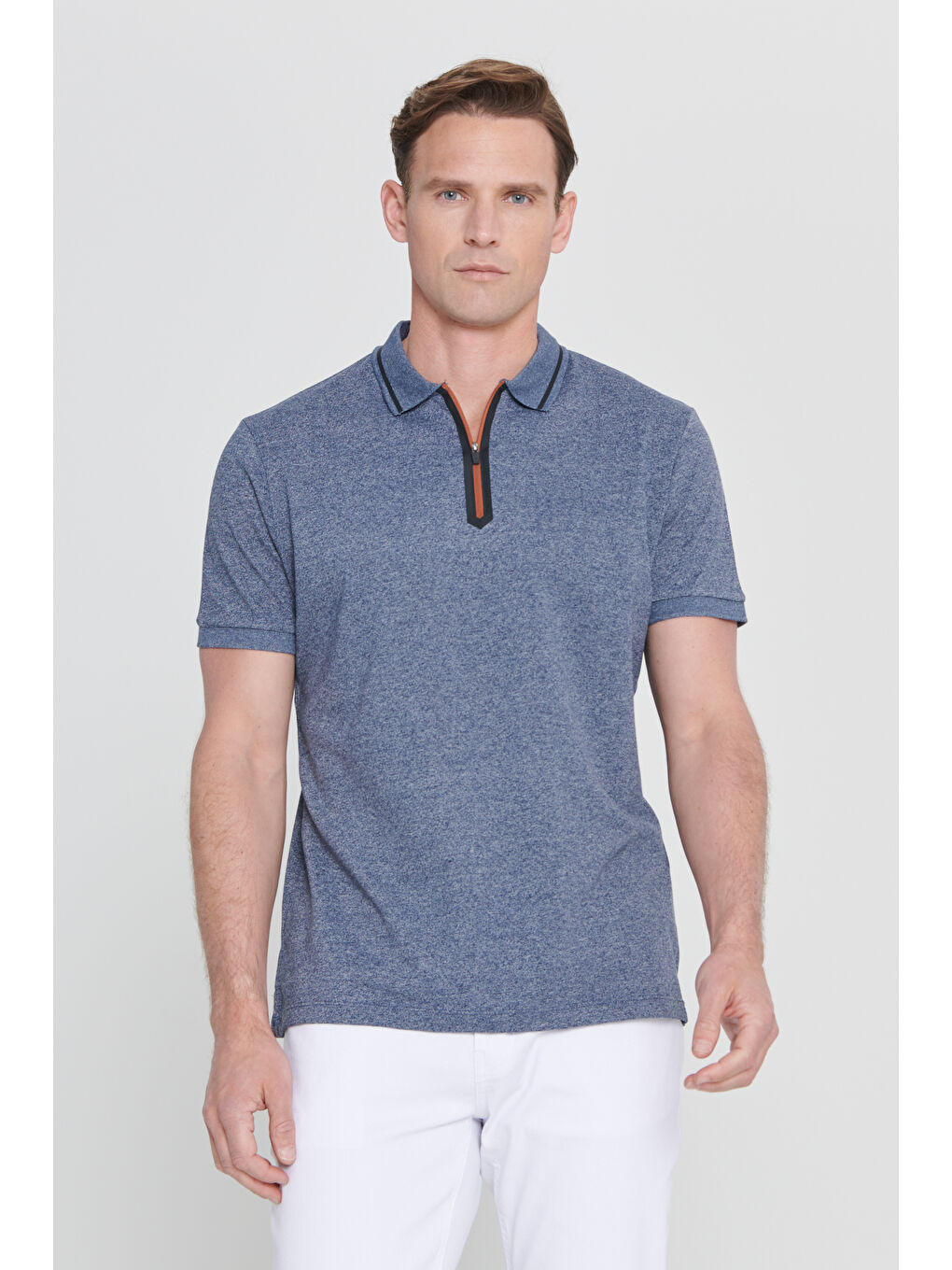 Erkek Lacivert Melanj Slim Fit Dar Kesim Fermuarlı Polo Yaka Pamuklu Kısa Kollu Tişört