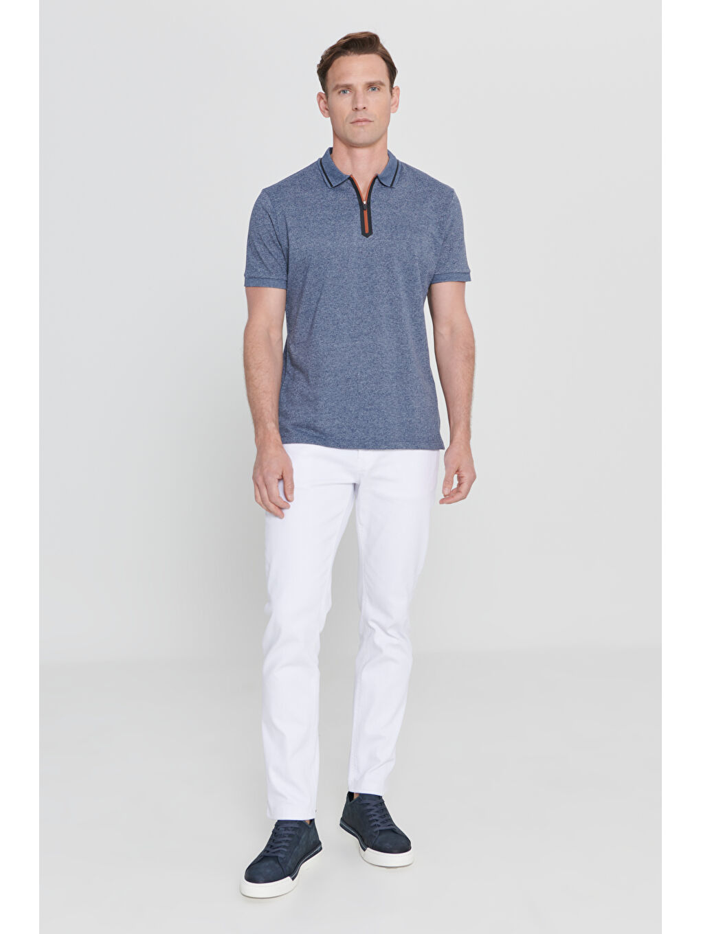 Erkek Lacivert Melanj Slim Fit Dar Kesim Fermuarlı Polo Yaka Pamuklu Kısa Kollu Tişört-1