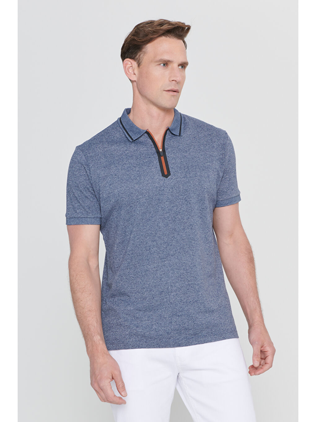 Erkek Lacivert Melanj Slim Fit Dar Kesim Fermuarlı Polo Yaka Pamuklu Kısa Kollu Tişört-2