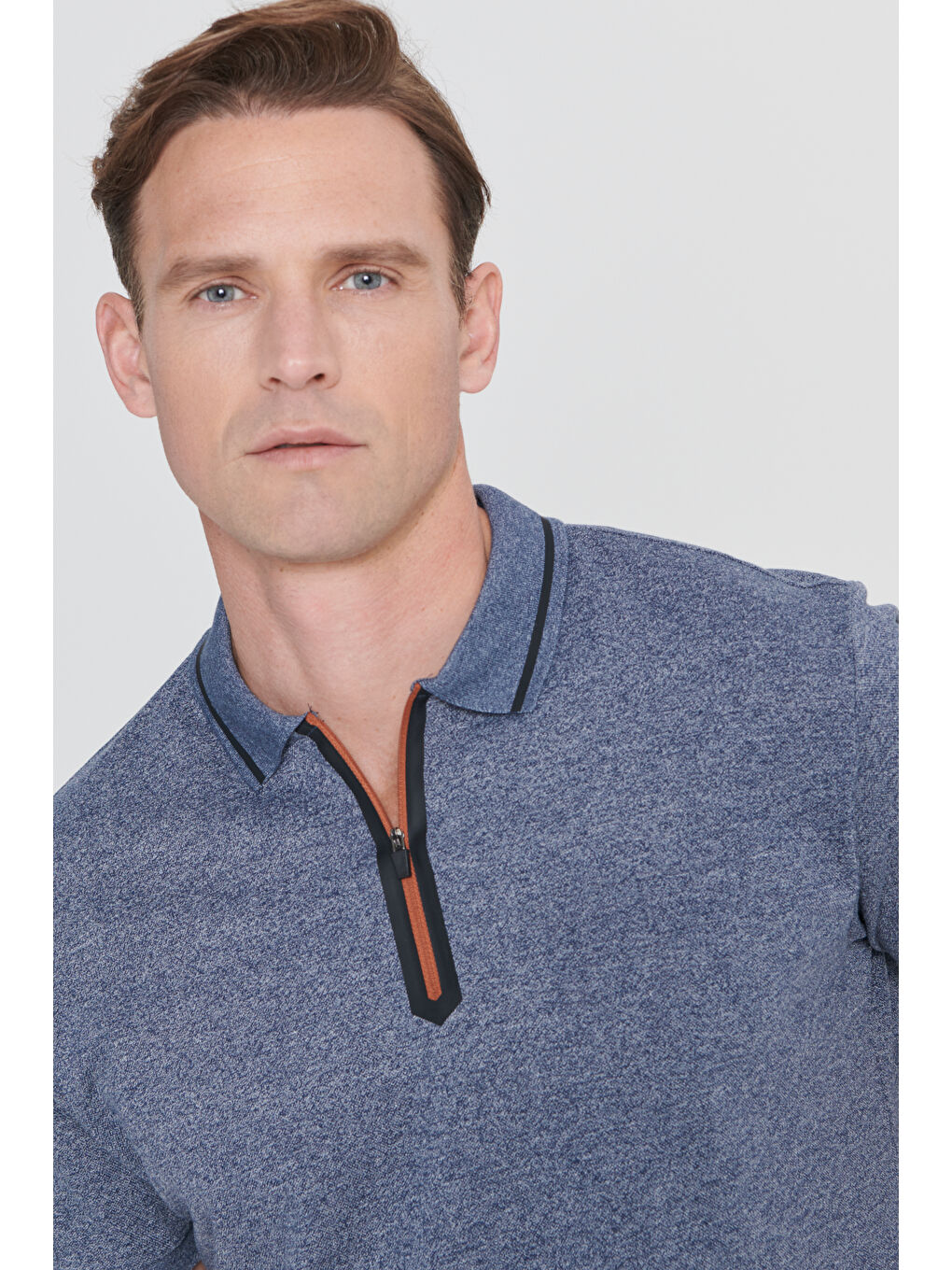 Erkek Lacivert Melanj Slim Fit Dar Kesim Fermuarlı Polo Yaka Pamuklu Kısa Kollu Tişört-3