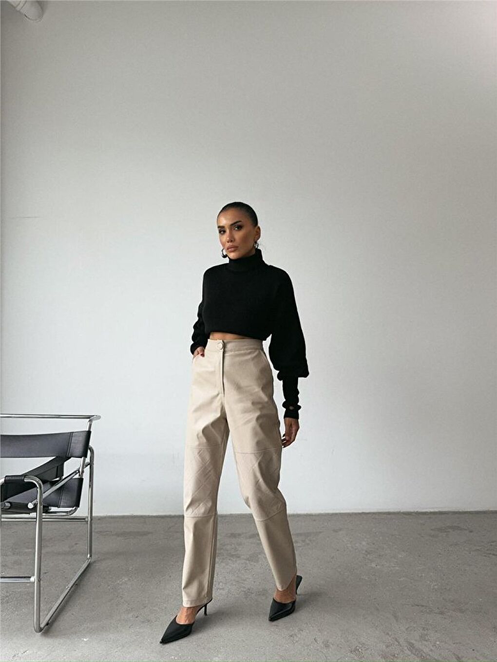 Sarı DERİ PANTOLON DİZ PARÇALI - Taş