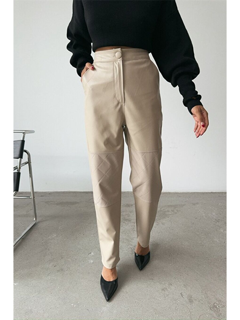 Sarı DERİ PANTOLON DİZ PARÇALI - Taş-3