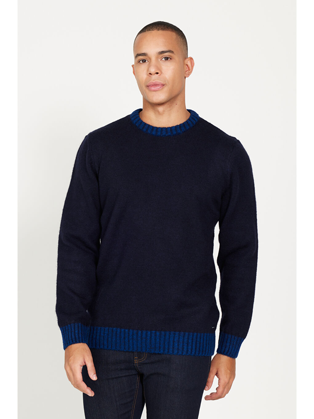 Erkek Lacivert-Saks Standart Fit Normal Kesim Bisiklet Yaka Triko Kazak-3