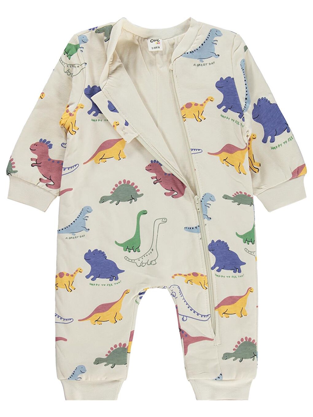 Ekru Baby Dino Baskılı Erkek 12-24 Ay Uyku Tulumu - Bej 12-18 Ay