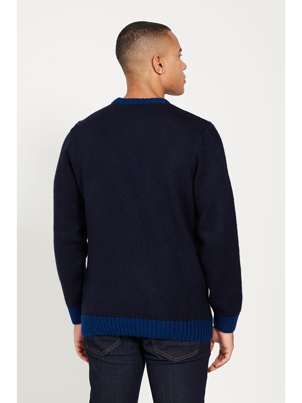 Erkek Lacivert-Saks Standart Fit Normal Kesim Bisiklet Yaka Triko Kazak-6