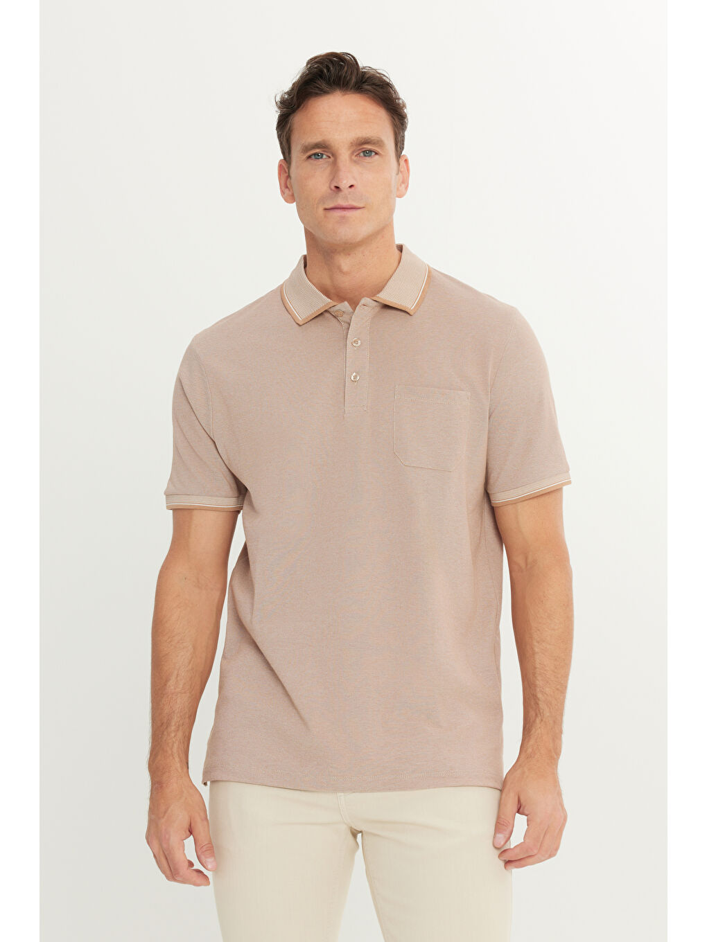 Bej Erkek Vizon Pamuklu Comfort Fit Rahat Kesim Polo Yaka Cepli Tişört