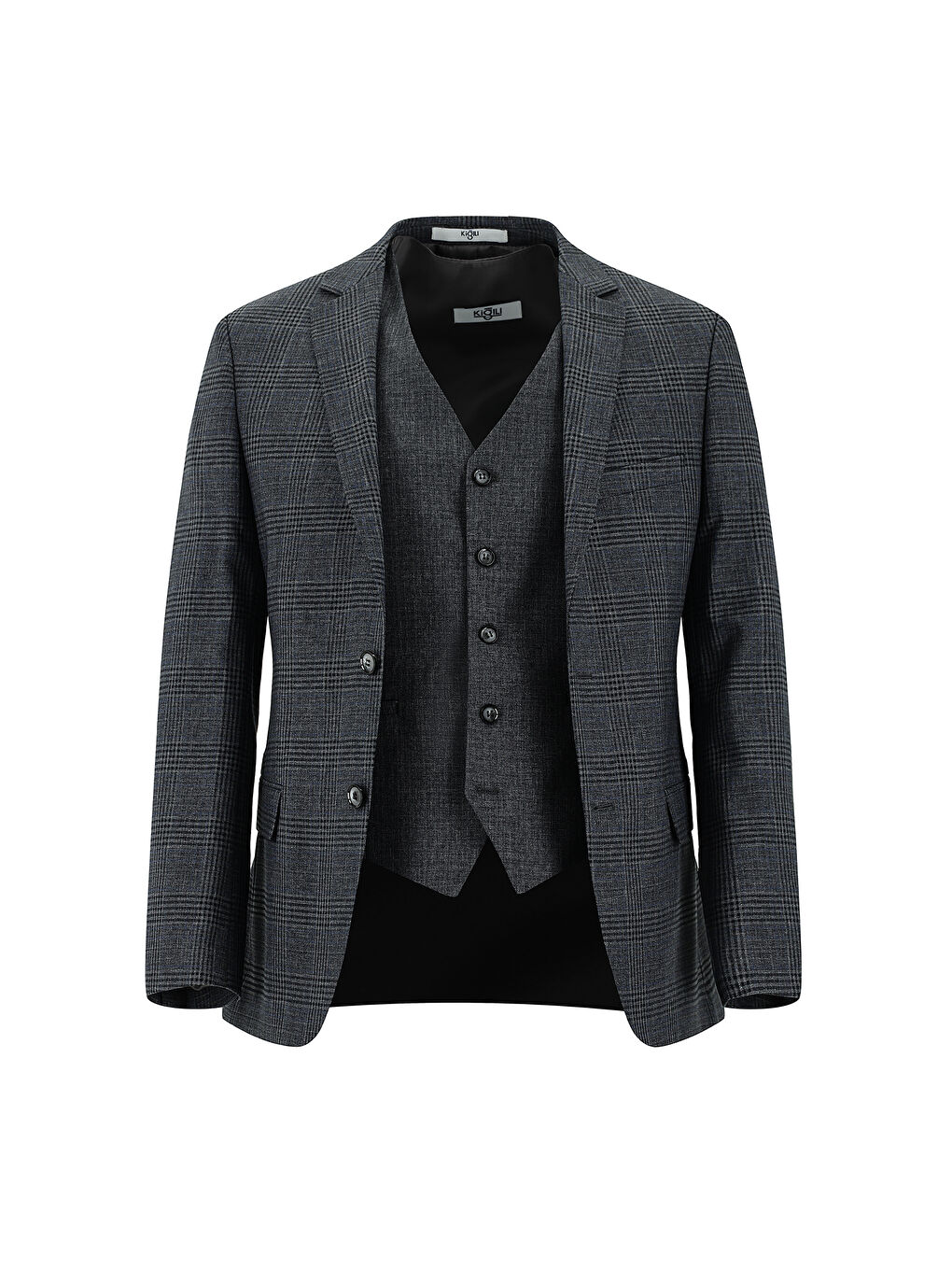 Gri Super Slim Fit Ekstra Dar Kesim Ekose Yelekli Kombinli Takım Elbise-1