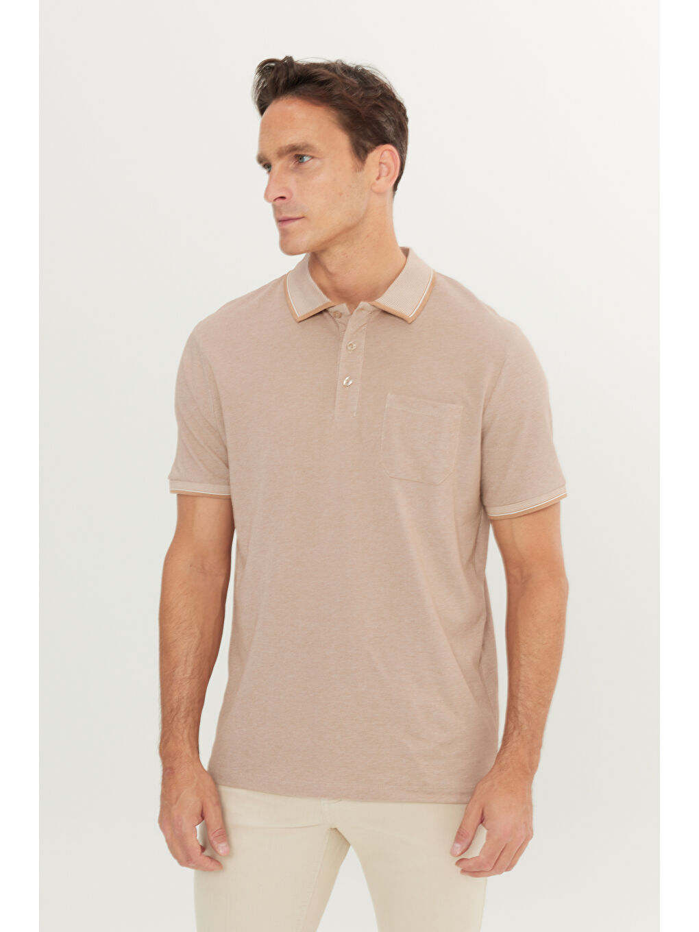 Bej Erkek Vizon Pamuklu Comfort Fit Rahat Kesim Polo Yaka Cepli Tişört-2