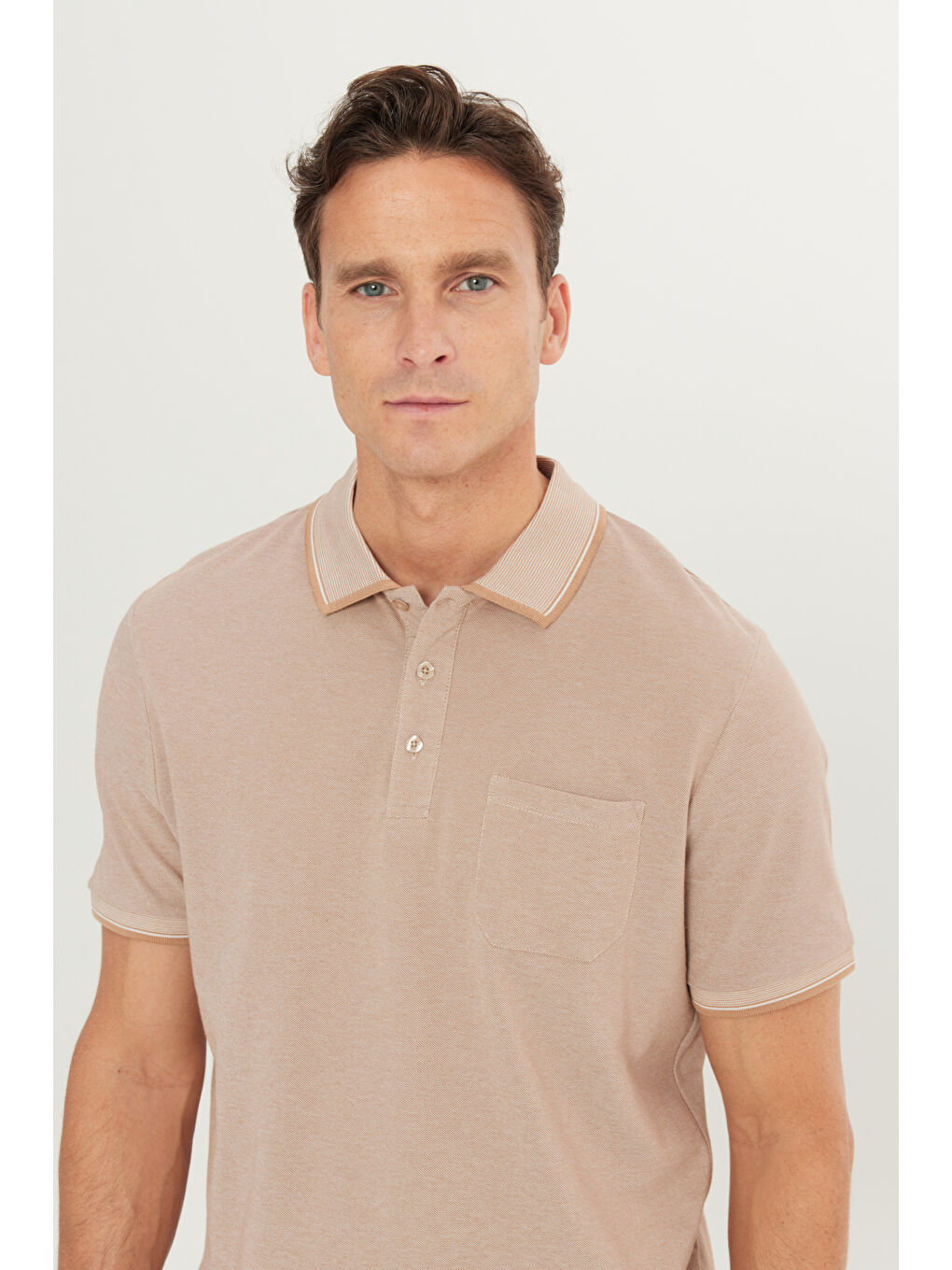 Bej Erkek Vizon Pamuklu Comfort Fit Rahat Kesim Polo Yaka Cepli Tişört-3