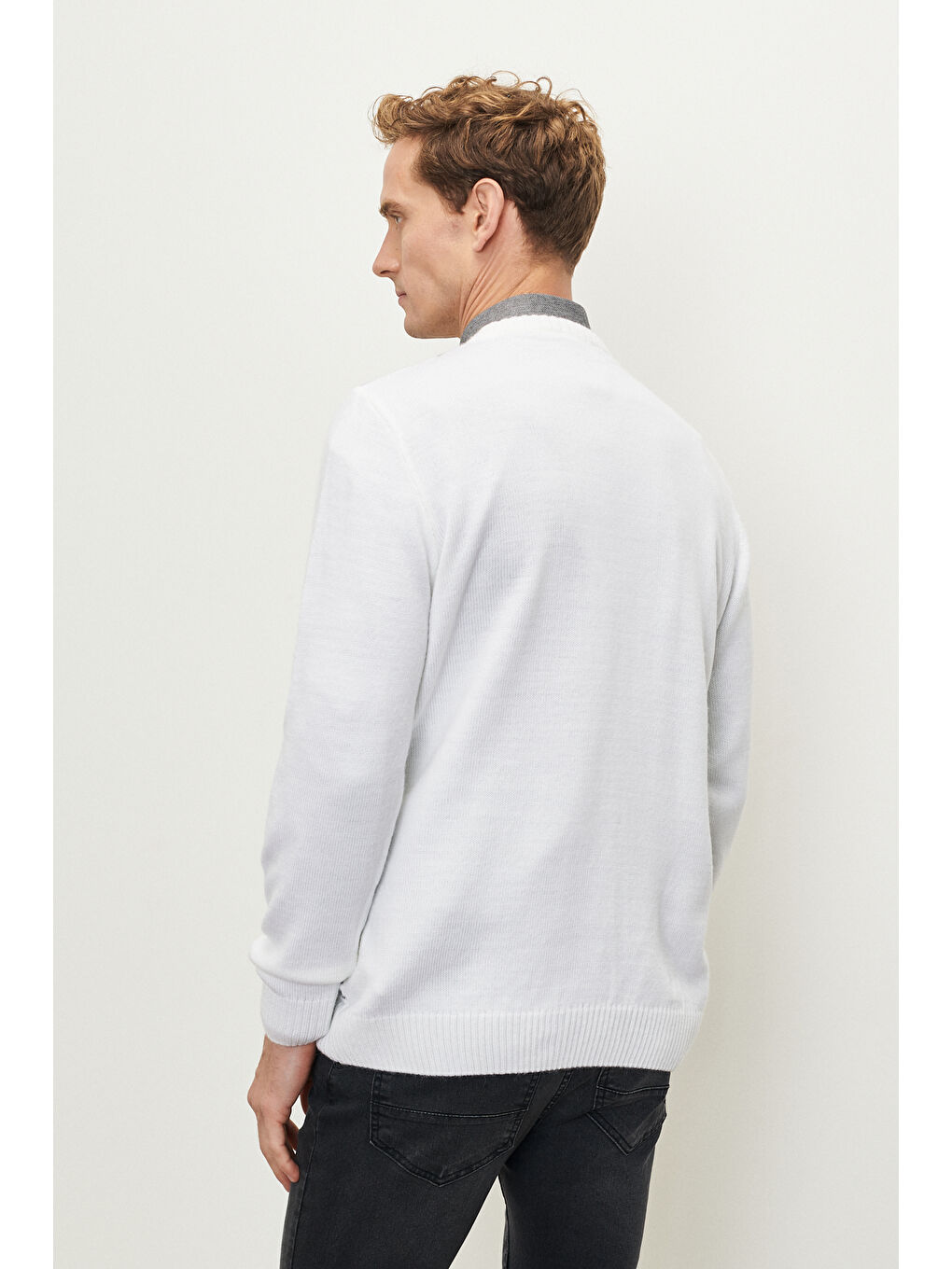 Erkek Kemik-Gri Melanj Standart Fit Normal Kesim Bisiklet Yaka Dokulu Desenli Triko Kazak-3