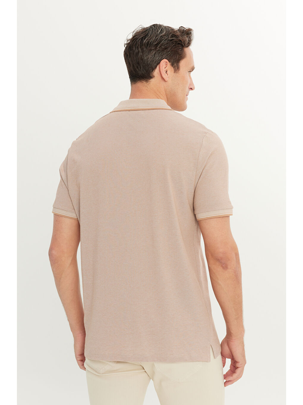 Bej Erkek Vizon Pamuklu Comfort Fit Rahat Kesim Polo Yaka Cepli Tişört-4