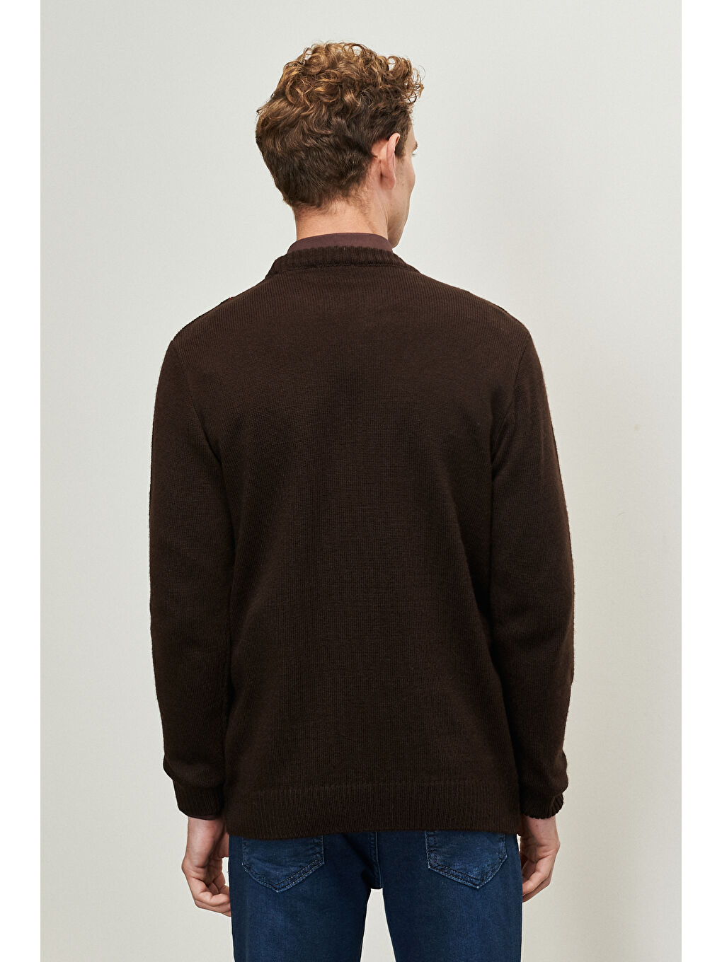 Kahverengi Erkek Kahve-Bordo Standart Fit Normal Kesim Bisiklet Yaka Dokulu Desenli Triko Kazak-3