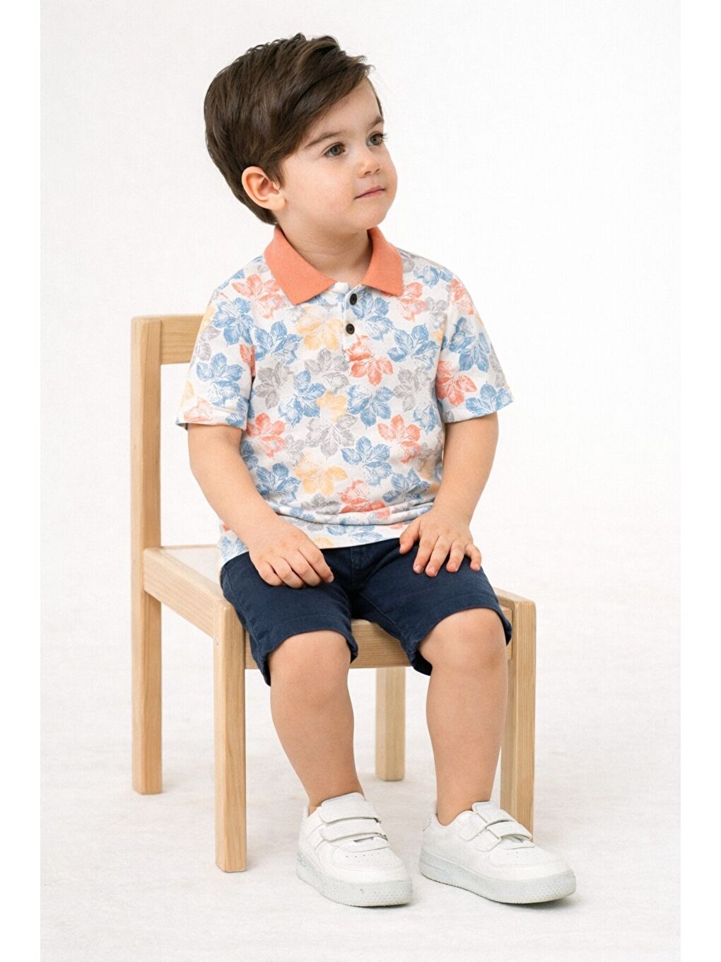 Turuncu Yaprak Desenli Belden Ayarlanabilir Kısa Kollu Şortlu 2'li Takım Çocuk ve Bebek Giyim-2