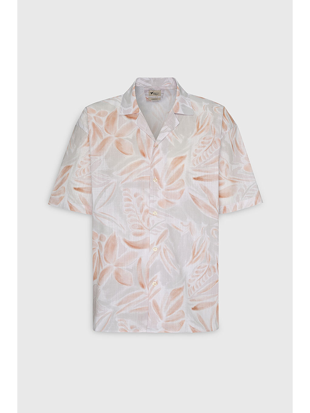 Erkek Bej-Kahve Oversize Fit Geniş Kesim Küba Yaka %100 Pamuk Baskılı Kısa Kollu Gömlek-5