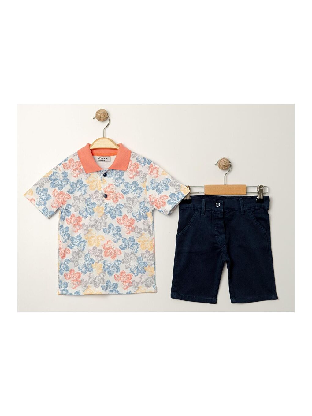 Turuncu Yaprak Desenli Belden Ayarlanabilir Kısa Kollu Şortlu 2'li Takım Çocuk ve Bebek Giyim-3