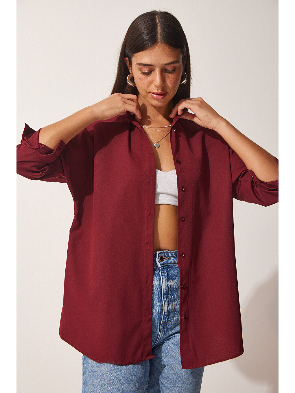 Bordo Oversize Basic Gömlek BORDO LDD0003-1