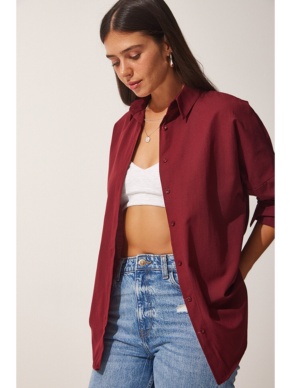 Bordo Oversize Basic Gömlek BORDO LDD0003-2