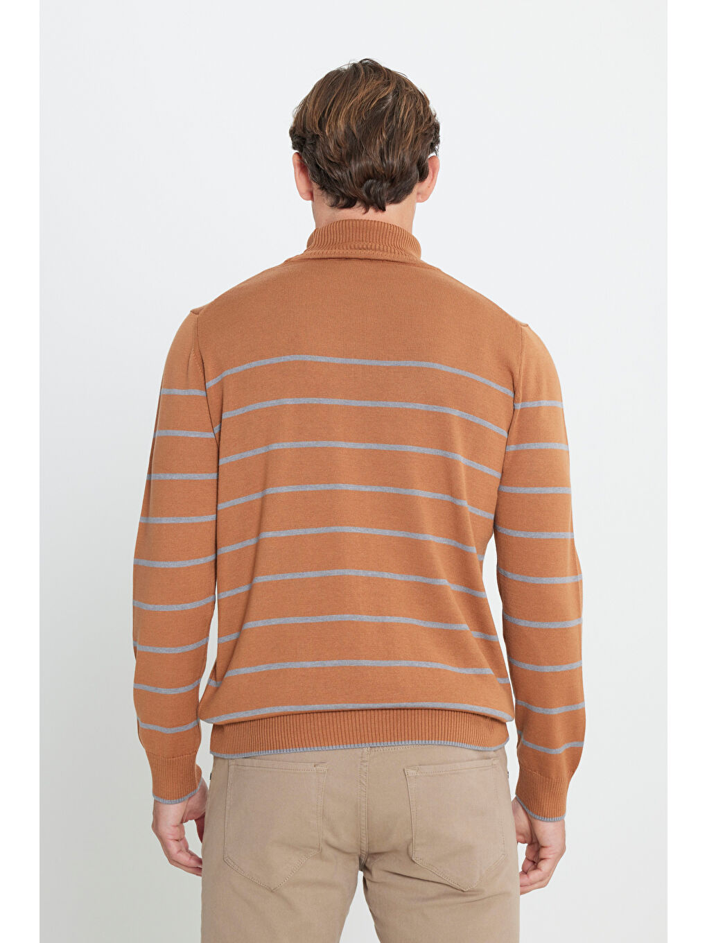 Kahverengi Erkek Tarçın-Gri Standart Fit Normal Kesim Tam Balıkçı Yaka Çizgi Detaylı Triko-4