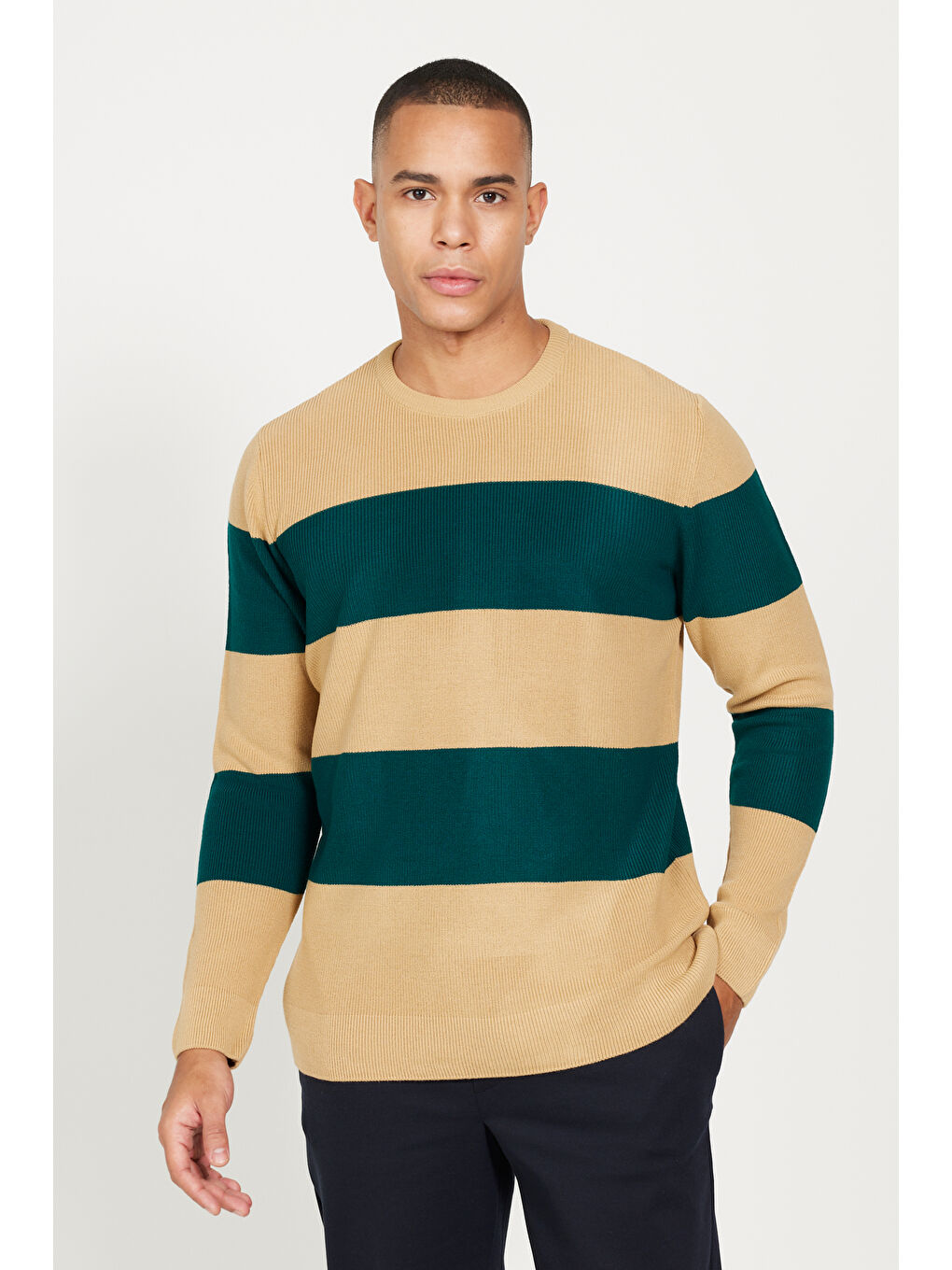 Kahverengi Erkek SUTLU KAHVE-YESIL Anti-Pilling Tüylenme Yapmayan Standart Fit Normal Kesim Bisiklet Yaka Renk--3