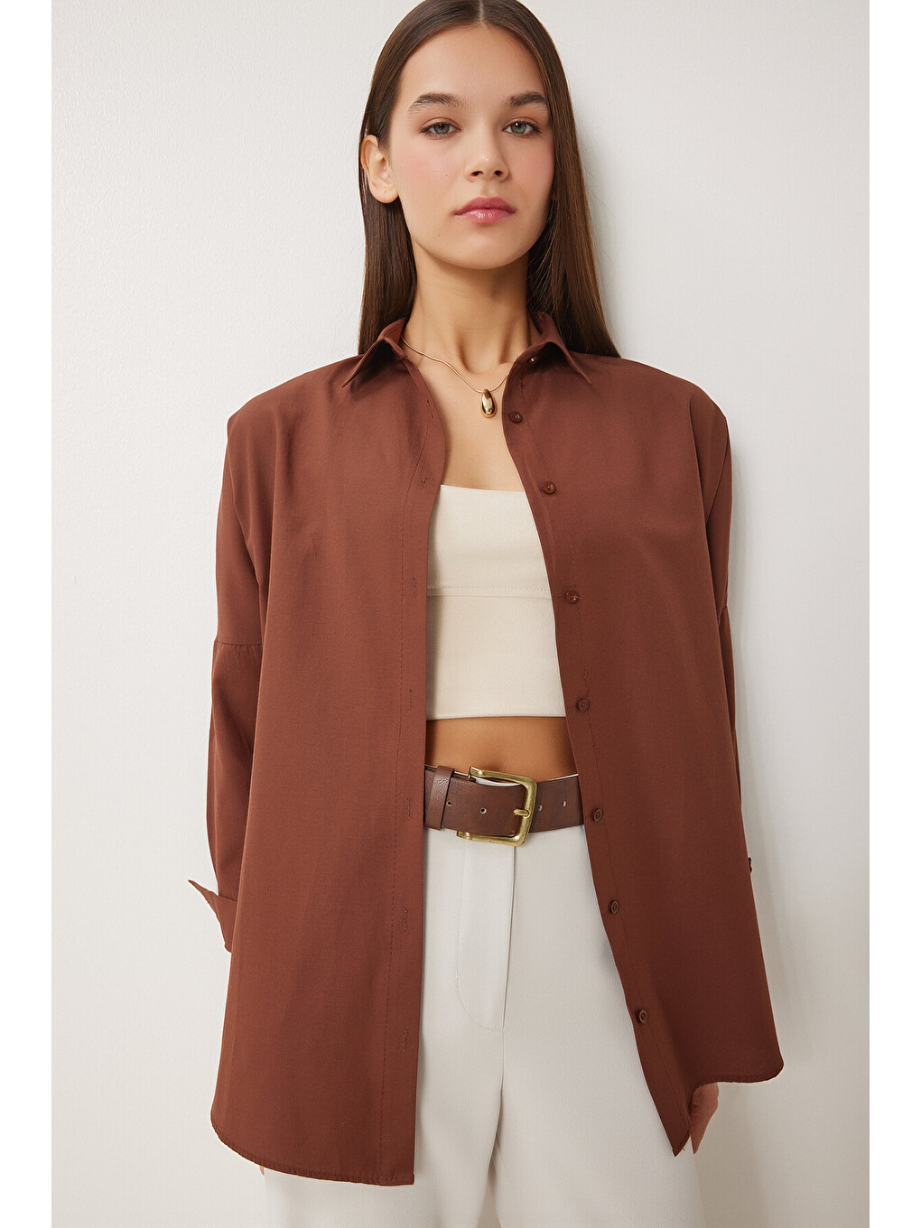 Kahverengi Oversize Basic Gömlek KAHVERENGİ LDD0003-1