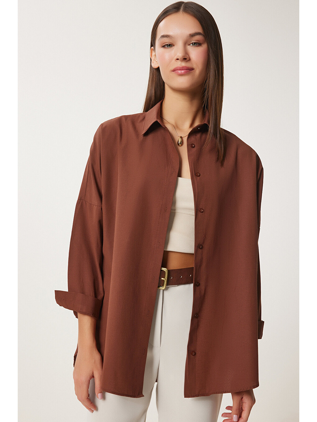 Kahverengi Oversize Basic Gömlek KAHVERENGİ LDD0003-2