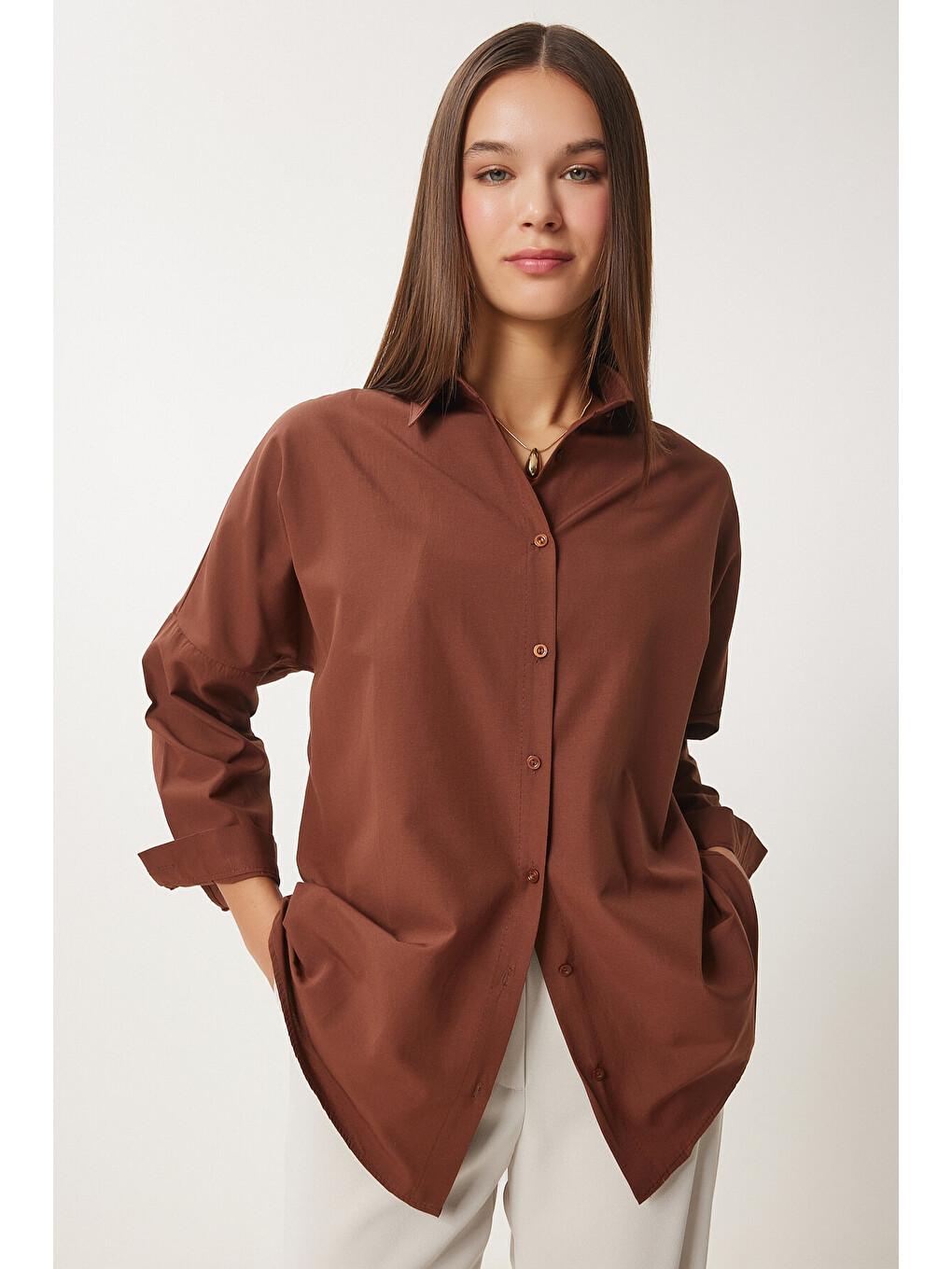Kahverengi Oversize Basic Gömlek KAHVERENGİ LDD0003-3