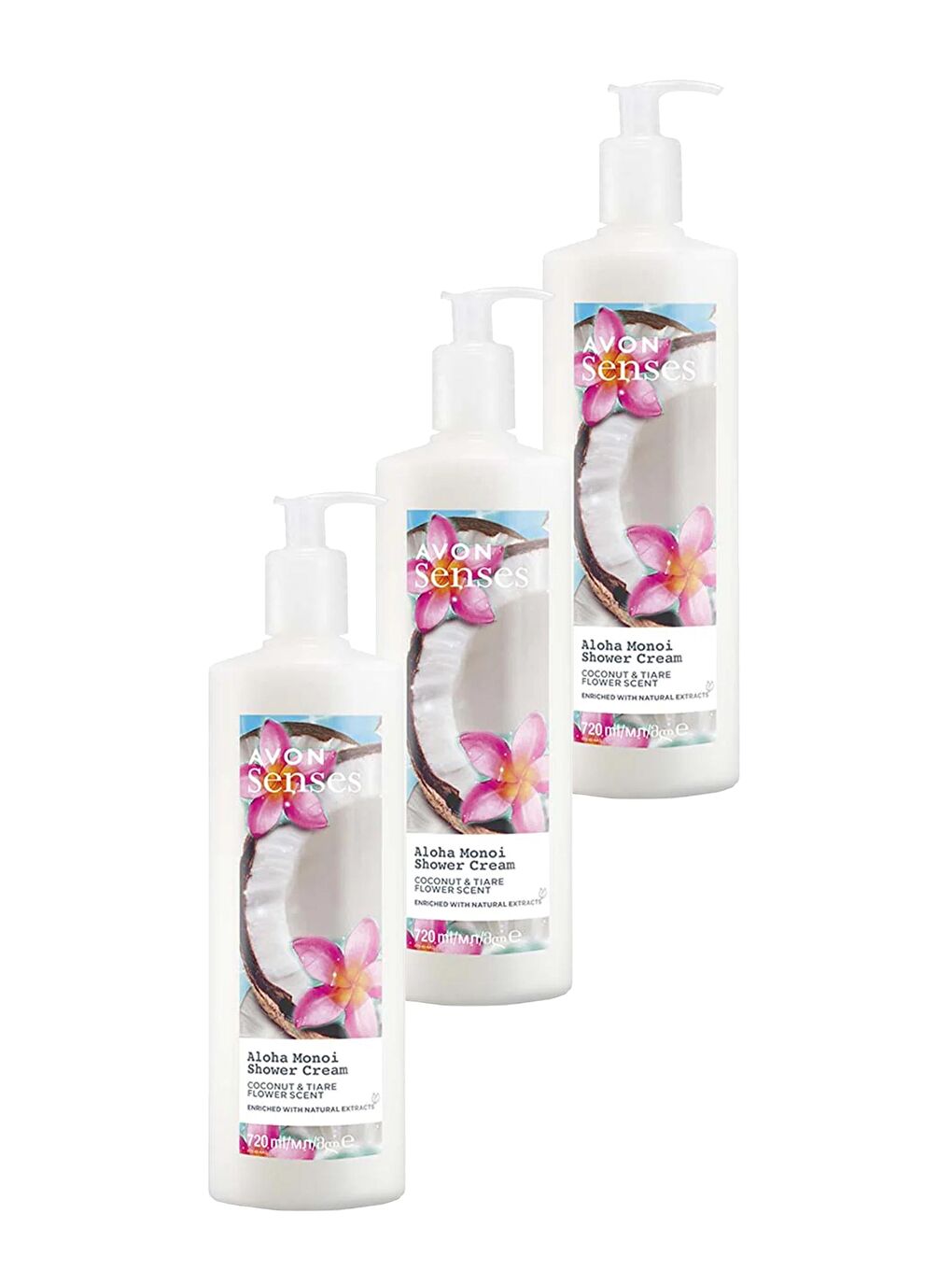 AVON Senses Aloha Monoi Tiare Çiçeği ve Hindistan Cevizi Kokulu Krem Duş Jeli 720 Ml. Üçlü Set