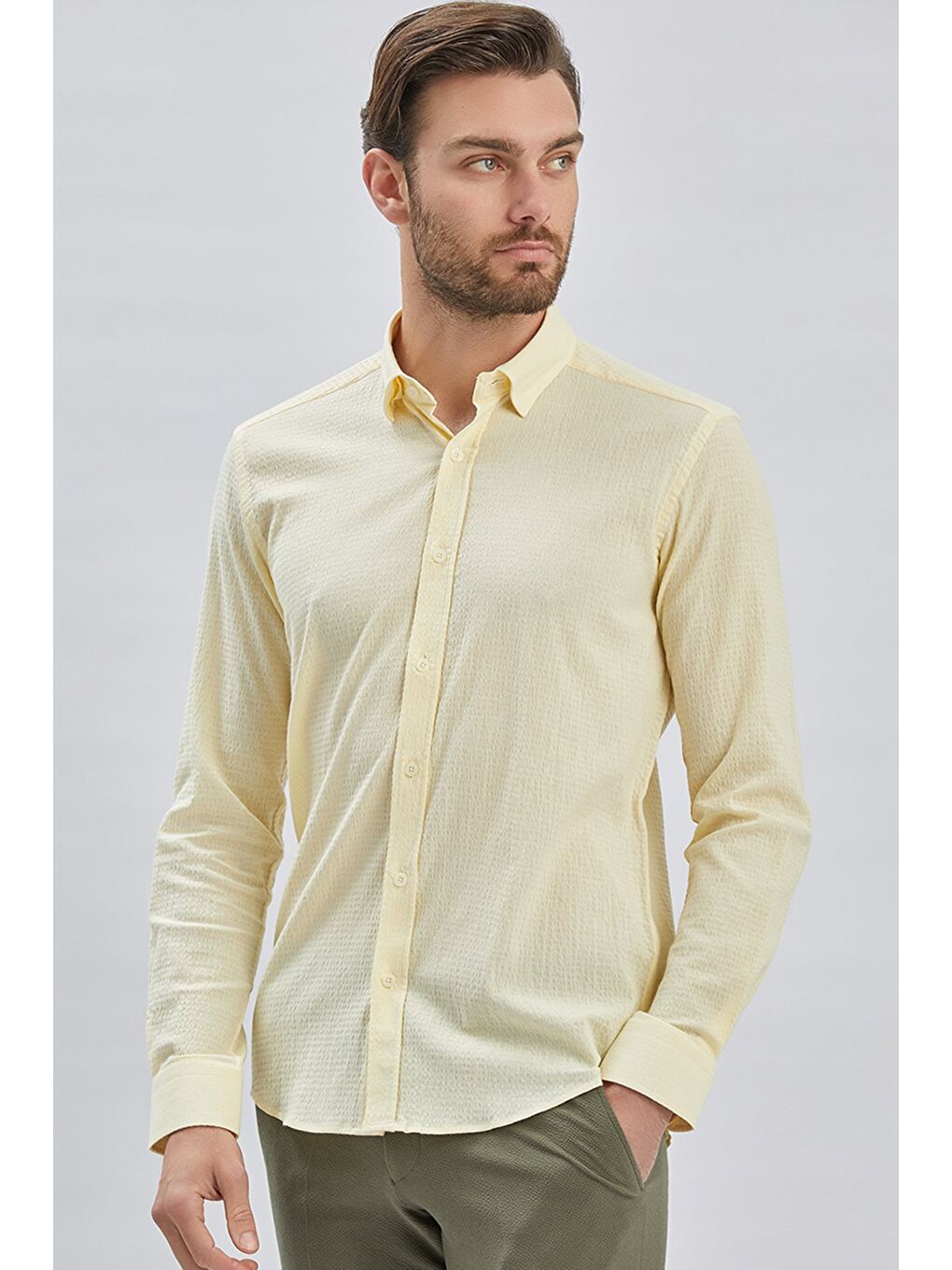 Sarı Uzun Kollu Biritli Yaka Biyeli Pamuklu Elastanlı Casual Slim Fit Dar Kesim Gömlek 1004240232-2