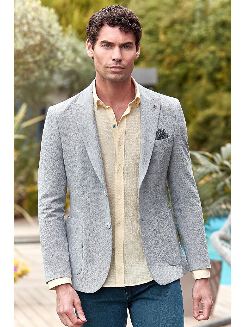 Sarı Uzun Kollu Biritli Yaka Biyeli Pamuklu Elastanlı Casual Slim Fit Dar Kesim Gömlek 1004240232-4