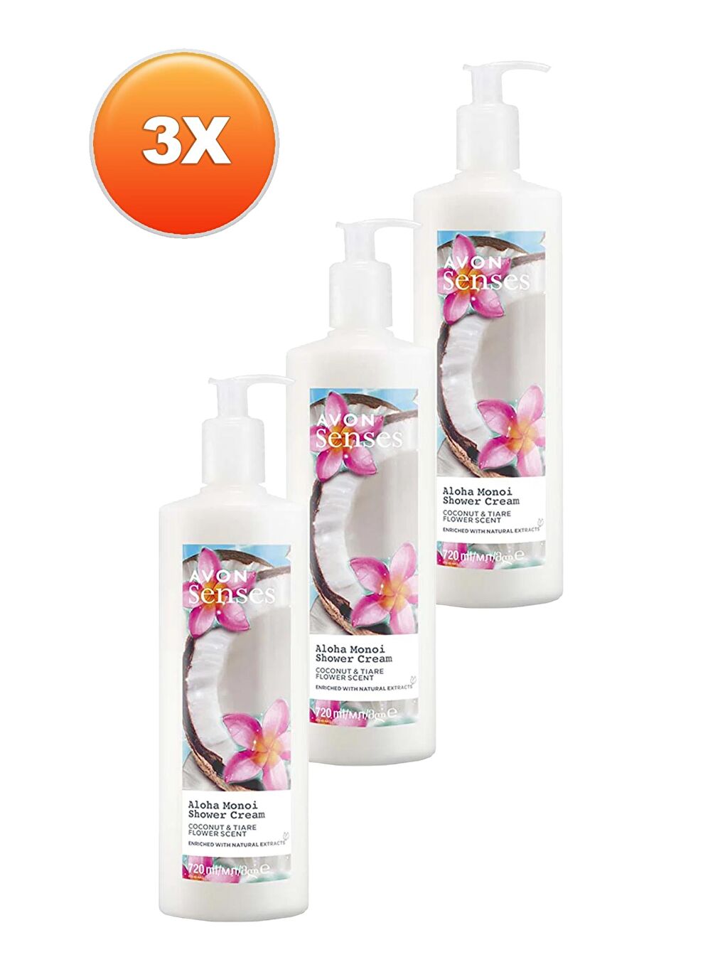 AVON Senses Aloha Monoi Tiare Çiçeği ve Hindistan Cevizi Kokulu Krem Duş Jeli 720 Ml. Üçlü Set - 1