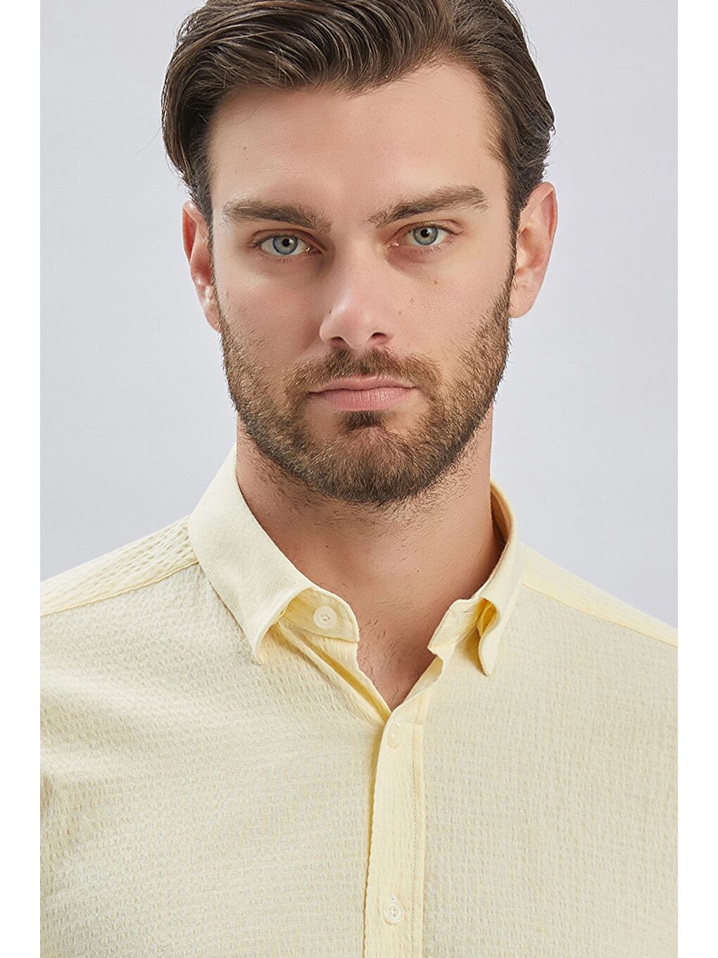 Sarı Uzun Kollu Biritli Yaka Biyeli Pamuklu Elastanlı Casual Slim Fit Dar Kesim Gömlek 1004240232-5