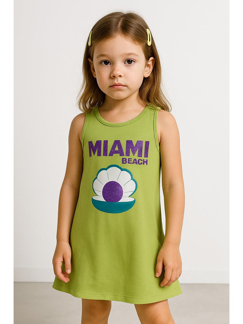 Kız Çocuk %100 Pamuklu Baskılı Elbise - Yeşil (3-4 Yaş - 8-9 Yaş)-1